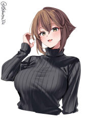 Rule 34 | 1girl, black sweater, blush, breasts, brown hair, ebifurya, hair between eyes, hand up, highres, kantai collection, large breasts, long sleeves, looking at viewer, mutsu (kancolle), one-hour drawing challenge, open mouth, short hair, sidelocks, simple background, smile, solo, sweater, turtleneck, turtleneck sweater, twitter username, upper body, white background