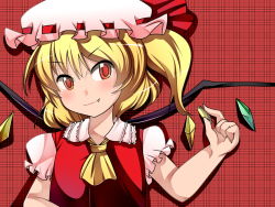 Rule 34 | 1girl, ascot, blonde hair, blush, coin, doku corne, fang, flandre scarlet, hat, plaid, plaid background, red background, red eyes, short hair, side ponytail, smile, solo, touhou, wings