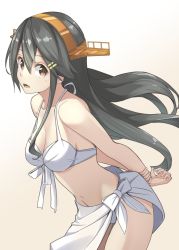 Rule 34 | 1girl, arms behind back, bikini, black hair, blush, breasts, gradient background, hair between eyes, hair ornament, hairclip, haruna (kancolle), highres, kantai collection, long hair, looking at viewer, medium breasts, negahami, open mouth, red eyes, solo, swimsuit, white bikini
