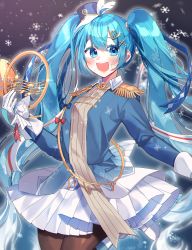 Rule 34 | 1girl, absurdres, aqua eyes, aqua hair, band uniform, beamed eighth notes, blue eyes, blue jacket, blurry, blurry background, bow, commentary, cowboy shot, dress bow, eighth note, epaulettes, french horn, gloves, hair ornament, hair ribbon, hairclip, hat, hat feather, hatsune miku, highres, holding, holding instrument, instrument, jacket, long hair, looking at viewer, miniskirt, musical note, night, open mouth, outstretched arm, pantyhose, patzzi, pleated skirt, ribbon, skirt, smile, snowflakes, snowing, solo, twintails, very long hair, vocaloid, white gloves, white skirt, yuki miku, yuki miku (2020)