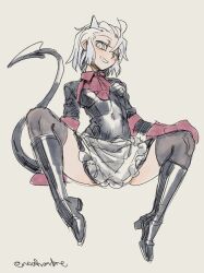 Rule 34 | 1girl, absurdres, apron, artist name, ascot, boots, breasts, convenient skirt, demon horns, demon tail, grey background, grey eyes, grey hair, grin, helltaker, highres, horns, justice (helltaker), knee boots, looking at viewer, noah (tettsui-sole), official alternate costume, red ascot, red shirt, shirt, short hair, simple background, sketch, small breasts, smile, solo, spread legs, tail, teeth, thighhighs, waist apron