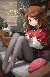 Rule 34 | 1girl, analog clock, animal ears, blush, brown hair, clock, commission, fox ears, fox girl, fox tail, grey pantyhose, highres, indoors, long hair, long sleeves, looking at viewer, melaton, open mouth, original, pantyhose, red eyes, sitting, skeb commission, smile, solo, tail