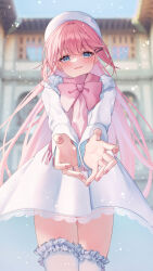 Rule 34 | 1girl, blue eyes, blurry, blurry background, blush, frilled thighhighs, frills, highres, khr 39, long hair, looking at viewer, original, pink hair, pink scarf, reaching, reaching towards viewer, scarf, solo, thighhighs, white thighhighs