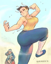 Rule 34 | 1boy, 1girl, absurdres, alt text, beggar so, biceps, blue pants, blue sky, breasts, brown eyes, brown hair, capcom, chun-li, commentary, crossover, day, double bun, drunken master, english commentary, fighting stance, flats, hair bun, highres, kung fu, large breasts, leg wrap, martial arts, muscular, muscular female, no bra, old, old man, pants, quasimodox, short hair, sky, solo focus, standing, standing on one leg, street fighter, sweat, tank top, thick thighs, thighs, track pants, wing chun, yellow tank top