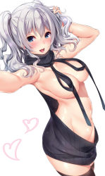 Rule 34 | 10s, 1girl, absurdres, armpits, backless dress, backless outfit, black thighhighs, blue eyes, blush, breasts, convenient censoring, cowboy shot, dress, halterneck, heart, highres, holding, holding own hair, kantai collection, kashima (kancolle), large breasts, long hair, looking at viewer, meme attire, naked sweater, navel, nironiro, open mouth, reaching, reaching towards viewer, ribbed sweater, selfie, sidelocks, silver hair, simple background, smile, solo, sweater, sweater dress, thighhighs, turtleneck, turtleneck sweater, twintails, virgin killer sweater, wardrobe error, wavy hair, white background, you&#039;re doing it wrong