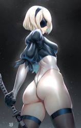 Rule 34 | 1girl, ass, black hairband, black thighhighs, blindfold, breasts, closed mouth, commentary request, feather trim, finalcake, gloves, hairband, highleg, highleg leotard, highres, holding, leotard, lips, long sleeves, medium breasts, nier:automata, nier (series), puffy sleeves, shiny clothes, shiny skin, short hair, signature, simple background, solo, thighhighs, thighs, white hair, 2b (nier:automata)