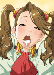 Rule 34 | 1girl, blush, breasts, brown eyes, brown hair, cum, cum in mouth, cum on tongue, eyebrows, female focus, game cg, gundam, gundam build fighters, gundam build fighters try, half-closed eyes, highres, kotoyoshi yumisuke, long hair, looking at viewer, open mouth, sazaki kaoruko, shiny skin, solo, sweat, teeth, tongue, tongue out, twintails, uniform, upper body