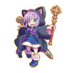 Rule 34 | 1girl, :d, black robe, blue dress, blue footwear, boots, bow, dress, full body, green eyes, holding, holding staff, looking at viewer, mawaru (mawaru), open clothes, open mouth, orange outline, original, outstretched arms, pink hair, purple bow, robe, sheath, sheathed, short hair, simple background, smile, solo, staff, sword, weapon, weapon on back, white background