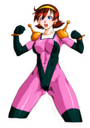 Rule 34 | 1girl, blue eyes, bodysuit, breasts, brown hair, cameltoe, clenched hands, collarbone, covered erect nipples, cowboy shot, dg cells, earrings, g gundam, gundam, jewelry, large breasts, mobile trace suit, open mouth, pink bodysuit, qkat (arikawa-dou), rain mikamura, short hair, simple background, skin tight, solo, standing, teeth, thighhighs, upper teeth only, white background