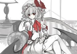 Rule 34 | 1girl, bare legs, bat wings, bed, bow, crossed legs, female focus, hand on own chin, hand on thigh, hat, hat ribbon, indoors, leg lock, looking at viewer, on bed, partially colored, puffy sleeves, red bow, red eyes, red ribbon, remilia scarlet, ribbon, room, short hair, sitting, sketch, solo, touhou, utakata (kochou no yume), wings