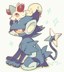Rule 34 | akadako, animal focus, bags under eyes, blue outline, bright pupils, colored sclera, creatures (company), fang, fennekin, fox, from side, full body, game freak, gen 4 pokemon, gen 6 pokemon, grey background, happy, looking at viewer, luxray, lying, nintendo, no humans, notice lines, on head, on stomach, one-hour drawing challenge, open mouth, outline, pokemon, pokemon (creature), pokemon on head, red eyes, red sclera, sideways mouth, simple background, sitting, slit pupils, smile, sparkle, white pupils, yellow eyes, yellow outline