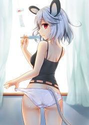 Rule 34 | 1girl, adjusting clothes, adjusting panties, animal ears, ass, bad id, bad pixiv id, blush, breasts, food, grey hair, looking at viewer, looking back, mouse ears, mouse tail, nazrin, nunucco, panties, popsicle, red eyes, short hair, solo, tail, touhou, underwear, white panties, wind chime