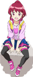 Rule 34 | 10s, 1girl, aino megumi, black thighhighs, from above, full body, happinesscharge precure!, pink eyes, pink hair, ponytail, precure, shirt, shoes, short hair, sitting, skirt, smile, solo, thighhighs, umanosuke, vest