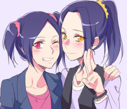 Rule 34 | 2girls, alternate hairstyle, blue hair, blue jacket, blush, closed mouth, collarbone, fresh precure!, grin, hand on another&#039;s shoulder, heart, heart necklace, higashi setsuna, high ponytail, jacket, jewelry, kurokawa eren, long hair, looking at viewer, multiple girls, necklace, negom, one eye closed, pink shirt, precure, purple shirt, red eyes, seiren (suite precure), shirt, short hair, sketch, smile, suite precure, twintails, upper body, yellow eyes