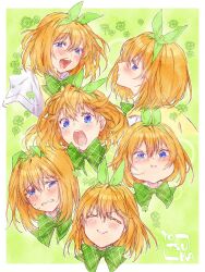 Rule 34 | 1girl, :i, ^ ^, angry, blush, bow, character name, closed eyes, closed mouth, clover, commentary request, crying, crying with eyes open, double-parted bangs, expressionless, eyelashes, facing viewer, floating hair, four-leaf clover, furrowed brow, go-toubun no hanayome, green background, green bow, green ribbon, hair between eyes, hair ribbon, half-closed eyes, happy, highres, looking at viewer, medium hair, multiple views, nakano yotsuba, open mouth, orange hair, plaid, plaid bow, pout, profile, ribbon, sad, shirt, simple background, smile, smug, solo, surprised, sweater vest, tears, teeth, twitter username, upper teeth only, v-shaped eyebrows, white shirt, wide-eyed, yellow sweater vest, yu (flowerbird3830)