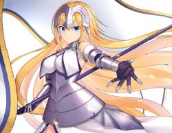 Rule 34 | 1girl, armor, armpits, blonde hair, blue eyes, breasts, cleavage, commentary, detached sleeves, fate/grand order, fate (series), faulds, flag, gauntlets, headpiece, holding, holding flag, jeanne d&#039;arc (fate), jeanne d&#039;arc (ruler) (fate), jeanne d&#039;arc (third ascension) (fate), kinsenka momi, large breasts, long hair, looking at viewer, outstretched arm, plackart, signature, smile, solo, very long hair