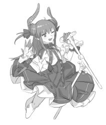 Rule 34 | 1girl, ;d, ahoge, asymmetrical hair, cropped legs, curled horns, detached sleeves, dragon horns, dress, elizabeth bathory (fate), elizabeth bathory (fate/extra ccc), elizabeth bathory (first ascension) (fate), fang, fate/extra, fate/extra ccc, fate (series), greyscale, hands up, hit-kun, horns, long hair, long sleeves, microphone, microphone stand, monochrome, one eye closed, open mouth, pointy ears, sidelocks, simple background, smile, solo, white background