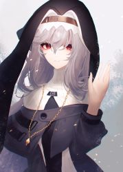 Rule 34 | 1girl, absurdres, arknights, black capelet, black coat, black dress, black headwear, capelet, chain, chain necklace, closed mouth, coat, commentary, dress, habit, hair between eyes, hand up, highres, jewelry, light smile, long hair, looking at viewer, mari moru, necklace, nun, red eyes, silver hair, simple background, solo, specter (arknights), upper body