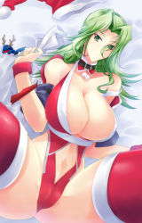 Rule 34 | 1girl, alteisen, antlers, ass, bare shoulders, breasts, cameltoe, choker, christmas, cleavage, collarbone, curvy, detached collar, gespenst, green eyes, green hair, haganef, hat, highleg, highleg leotard, highres, horns, huge ass, huge breasts, lamia loveless, legs, leotard, long hair, looking at viewer, lying, matching hair/eyes, navel, on back, parted lips, sack, santa costume, santa hat, single horn, solo, spread legs, super robot wars, super robot wars original generation, thighhighs, thighs, toy, wide hips, wristband