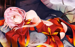 Rule 34 | 10s, 1girl, :o, ass, backless outfit, bare shoulders, black thighhighs, blush, detached sleeves, guilty crown, hair ornament, hairclip, hinasaki you, long hair, looking at viewer, lying, on stomach, open mouth, pink hair, red eyes, solo, thighhighs, wallpaper, yuzuriha inori