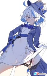 Rule 34 | 1girl, ahoge, blue eyes, blue hair, blue hat, blue jacket, blush, bow, closed mouth, clothes lift, commentary, dress, dress lift, english commentary, from below, furina (genshin impact), genshin impact, gloves, hat, hat bow, highres, jacket, long sleeves, multicolored hair, open clothes, open jacket, orobou, solo, standing, thigh strap, two-tone hair, v-shaped eyebrows, white dress, white gloves, white hair