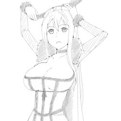 Rule 34 | 1girl, breasts, choker, cleavage, dress, fur trim, greyscale, horns, large breasts, long hair, looking at viewer, maou (maoyuu), maoyuu maou yuusha, monochrome, open mouth, simple background, solo, white background, yoshida keiji