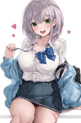 Rule 34 | 1girl, absurdres, blue bow, blue bowtie, blush, bow, bowtie, braid, breasts, cleavage, collared shirt, green eyes, grey hair, hair between eyes, highres, hololive, kaguya (srx61800), large breasts, looking at viewer, medium hair, official alternate hairstyle, open mouth, pleated skirt, school uniform, shirogane noel, shirogane noel (school uniform), shirt, skirt, smile, solo, striped bow, striped bowtie, striped clothes, thighs, virtual youtuber, white shirt
