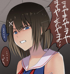 Rule 34 | ..., 10s, 1girl, angry, bare shoulders, blue eyes, brown hair, clenched teeth, disgust, dress, empty eyes, gradient background, hair ornament, hairclip, kantai collection, maya (kancolle), sailor dress, school uniform, serafuku, shaded face, short hair, sleeveless, solo, spoken ellipsis, tai (nazutai), teeth, translation request, upper body