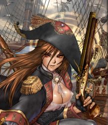 Rule 34 | breasts, brown hair, cleavage, corset, covered erect nipples, fingerless gloves, gloves, gun, hat, hellcat, highres, pirate, red eyes, ship, shirou masamune, watercraft, weapon