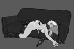 Rule 34 | 1girl, ass, boots, bottle, breasts, couch, cum, cum on ass, cum on body, demon, demon girl, demon horns, demon tail, drunk, grey background, greyscale, helltaker, highres, horns, malina (helltaker), monochrome, nude, on couch, short hair, sleeping, tail, vosmon