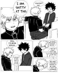 Rule 34 | 2boys, bakugou katsuki, bakuverde, boku no hero academia, closed mouth, collared shirt, comic, commentary, english commentary, english text, freckles, greyscale, highres, long sleeves, looking at another, male focus, midoriya izuku, monochrome, multiple boys, open mouth, pants, shirt, short hair, sitting, speech bubble, spiked hair, yaoi