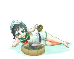 Rule 34 | &gt; &lt;, 2girls, adapted costume, ahoge, alternate costume, arms up, bare arms, bathing, belt, belt buckle, black hair, blush, bowl, bucket, buckle, chamaji, closed eyes, commentary request, empty eyes, green eyes, green sailor collar, grin, head in hand, head rest, highres, hishaku, in bowl, in bucket, in container, looking at another, lying, mini person, minigirl, multiple girls, murasa minamitsu, neckerchief, on side, one-piece swimsuit, open mouth, pouring, purple hair, red neckerchief, sailor collar, shadow, shirt, short hair, shorts, simple background, sitting, sleeveless, sleeveless shirt, smile, sukuna shinmyoumaru, swimsuit, touhou, water, white background, white shorts, wooden bucket