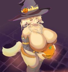 Rule 34 | animal ears, artist request, bad id, bad pixiv id, blonde hair, body fur, boots, dog, dog ears, dog girl, dog tail, furry, furry female, halloween, halloween costume, hat, jack-o&#039;-lantern, long hair, open mouth, pink eyes, pumpkin, pumpking, snout, solo, standing, tail, witch hat