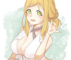 Rule 34 | blonde hair, blush, breasts, cleavage, green eyes, halterneck, large breasts, love live!, love live! sunshine!!, ohara mari, ok sign, short hair, smile, solo, yellow eyes