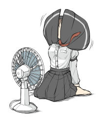 Rule 34 | 1girl, barefoot, black skirt, breasts, brown hair, cable, capelet, covered face, electric fan, full body, hat, highres, long skirt, medium breasts, necktie, peroponesosu., red necktie, seiza, shirt, simple background, sitting, skirt, solo, touhou, usami renko, white background, white shirt, wind