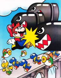 Rule 34 | 1boy, angry, banzai bill, blurp, brown hair, cape, cape mario, closed eyes, facial hair, fangs, fish, flying, hat, highres, koopa troopa, mario, mario (series), mustache, nintendo, official art, open mouth, pain, rex (mario), sky, super mario bros. 1, super mario world, tail, walking, wings, yellow cape