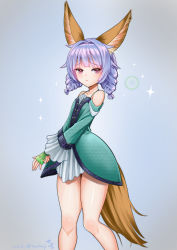 Rule 34 | 1girl, animal ears, braid, dog ears, dog tail, dress, elin, fingerless gloves, gloves, green dress, green gloves, grey background, hair intakes, highres, kumehara chiyota, long hair, looking at viewer, own hands together, purple eyes, purple hair, short dress, simple background, solo, tail, tera online, thighs, twin braids, twintails