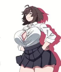 Rule 34 | 1girl, ahoge, animated, black panties, bouncing breasts, breasts, brown hair, cleavage, curvy, dancing, closed eyes, hands on own hips, huge breasts, insomnia-chan, kay yu, long sleeves, open clothes, open shirt, original, panties, pleated skirt, shirt, shirt tucked in, short hair, skirt, smile, solo, thick thighs, thighs, unbuttoned, unbuttoned shirt, underwear, video, white shirt, wide hips