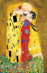 Rule 34 | 1boy, 1girl, absurdres, arm around neck, arm up, bare shoulders, barefoot, black hair, blonde hair, blush, closed eyes, embarrassed, facing another, fine art parody, full body, gustav klimt (style), hairband, hand on another&#039;s hand, hetero, higemu, highres, kiss, kissing cheek, kneeling, long hair, looking at another, nervous, open mouth, parody, red eyes, short hair, spy x family, standing, the kiss, twilight (spy x family), wavy mouth, yor briar