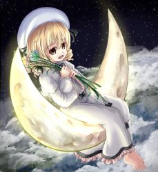 Rule 34 | 1girl, adworse, barefoot, blonde hair, cloud, crescent moon, dress, drill hair, female focus, flower, hat, luna child, moon, on crescent, open mouth, short hair, smile, solo, star (symbol), touhou, yellow eyes