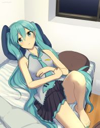 Rule 34 | 1girl, aqua eyes, aqua hair, aqua nails, aqua necktie, bare shoulders, black skirt, comforter, commentary, expressionless, grey shirt, hatsune miku, indoors, knee up, long hair, looking at viewer, lying, miniskirt, nail polish, necktie, night, nokuhashi, on back, on bed, pillow, pleated skirt, room, shirt, skirt, sleeveless, sleeveless shirt, unworn sleeves, solo, unworn thighhighs, twintails, very long hair, vocaloid, window, wooden floor