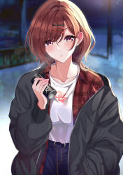 Rule 34 | 1girl, :o, black jacket, blue pants, blurry, blurry background, blush, breasts, brown hair, can, canned coffee, collarbone, collared shirt, commentary request, depth of field, drink can, hair between eyes, hair ornament, hairclip, hand up, highres, higuchi madoka, idolmaster, idolmaster shiny colors, jacket, long sleeves, looking at viewer, mole, mole under eye, open clothes, open jacket, open shirt, outdoors, pants, parted lips, plaid, plaid shirt, puffy long sleeves, puffy sleeves, red eyes, red shirt, shirt, small breasts, solo, sutoroa, white shirt