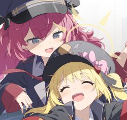 Rule 34 | 2girls, :d, ^ ^, blonde hair, blue archive, closed eyes, gotyou, grey eyes, halo, hat, ibuki (blue archive), iroha (blue archive), military hat, multiple girls, open mouth, peaked cap, red hair, sleeves past wrists, smile, yellow halo