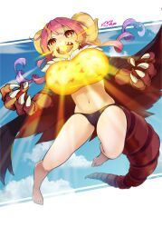 Rule 34 | 1girl, absurdres, artist name, black cape, black panties, blue sky, breasts, breath weapon, breathing fire, cape, cloud, curled horns, dragon claw, dragon girl, dragon horns, dragon tail, energy, energy ball, fire, fur-trimmed cape, fur trim, highres, horns, huge breasts, ilulu (maidragon), kobayashi-san chi no maidragon, midriff, miu (angelo whitechoc), navel, open mouth, panties, pink hair, pointy ears, red eyes, sharp teeth, sky, slit pupils, stomach, tail, teeth, thighs, underwear, yellow horns