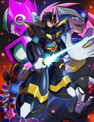 Rule 34 | 4boys, :d, android, armor, black headwear, blue bodysuit, bodysuit, closed mouth, commentary request, energy sword, evil grin, evil smile, forehead jewel, full body, gate (mega man), gloves, green eyes, grin, helmet, high max (mega man), highres, holding, holding weapon, hoshi mikan, looking at viewer, looking back, male focus, mega man (series), mega man x6, mega man x (series), multiple boys, nightmare virus (mega man), open mouth, purple eyes, purple headwear, robot ears, serious, shoulder armor, smile, standing, sword, teeth, ultimate armor x (mega man), upper teeth only, weapon, white gloves, x (mega man), zero (mega man), zero nightmare (mega man)