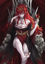Rule 34 | 1girl, barefoot, blood, breasts, circlet, cleavage, cup, demon girl, drinking glass, earrings, hair between eyes, highres, jewelry, k jin, large breasts, long hair, looking at viewer, nail polish, original, pale skin, pointy ears, red eyes, red hair, red nails, sitting, skull, solo, vampire, very long hair, wine glass