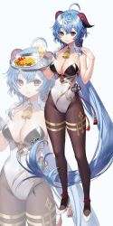 Rule 34 | 1girl, absurdly long hair, adapted costume, ahoge, aile (crossroads), bare shoulders, bell, black pantyhose, blue hair, bow, breasts, chinese knot, cleavage, covered navel, drink, flower knot, food, full body, ganyu (genshin impact), genshin impact, gold trim, groin, halterneck, high heels, highres, horns, large breasts, leotard, long hair, looking at viewer, low ponytail, neck bell, pantyhose, purple eyes, sidelocks, smile, solo, standing, tassel, thighlet, thighs, tray, very long hair, vision (genshin impact), white background
