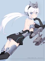 Rule 34 | 1girl, architect, bare back, bare shoulders, black gloves, black skirt, black thighhighs, blue eyes, blush, character name, commentary, copyright name, detached collar, elbow gloves, frame arms girl, gloves, hair between eyes, hairband, headgear, highres, long hair, looking at viewer, lying, mecha musume, miniskirt, on stomach, panties, rushi (bloodc), simple background, skirt, solo, thighhighs, underwear, white hair