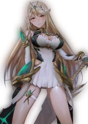 Rule 34 | 1girl, armor, blonde hair, blush, breasts, cleavage, dress, gloves, hand on hilt, highres, jewelry, large breasts, long hair, looking at viewer, mythra (xenoblade), nagamerin, nintendo, simple background, smile, solo, standing, sword, thigh strap, weapon, white background, xenoblade chronicles (series), xenoblade chronicles 2, yellow eyes