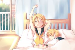 Rule 34 | 1boy, 1girl, ahoge, aoi choko (aoichoco), arm around waist, arms up, balcony, bare shoulders, bed, bed sheet, blonde hair, blush, brother and sister, closed eyes, highres, hug, kagamine len, kagamine rin, lying, messy hair, on side, open mouth, pillow, sailor collar, shirt, short hair, short ponytail, siblings, sleeping, sleeveless, sleeveless shirt, stretched limb, treble clef, twins, vocaloid, waking up, window, yawning, yellow neckwear